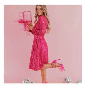 PINK DESERT SPARKLY SEQUIN WRAP DRESS HOT PINK Size L